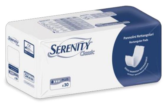 PANNOLONE PER INCONTINENZA RETTANGOLARE SENZA BARRIERA IMPERMEABILE SERENITY CLASSIC 30 PEZZI - Farmacia De Pasquale