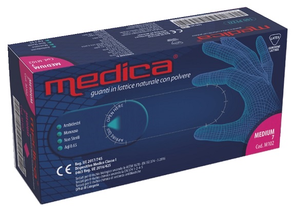 GUANTO IN LATTICE CON POLVERE LUBRIFICANTE MEDICA S 100 PEZZI - Farmacia De Pasquale