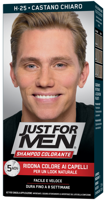 JUST FOR MEN SHAMPOO COLORANTE H25 CASTANO CHIARO ATTIVATORE CHIARO 38,5 ML + BASE COLORE 27,5 ML - Farmacia De Pasquale