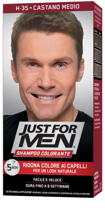 JUST FOR MEN SHAMPOO COLORANTE H35 CASTANO MEDIO ATTIVATORE CHIARO 38,5 ML + BASE COLORE 27,5 ML - Farmacia De Pasquale