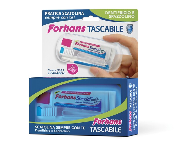 FORHANS TRAVEL KIT TASCABILE COMPOSTO DA SPAZZOLINO DA VIAGGIO + FORHANS SPECIAL PASTA DENTIFRICIA TUBETTO 12,5 ML - Farmacia De Pasquale