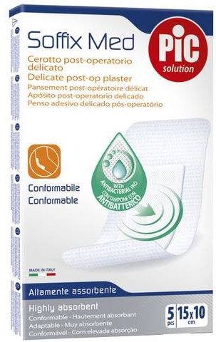 CEROTTO PIC SOFFIX MED IN TNT CON TAMPONE CENTRALE ASSORBENTE STERILE MONOUSO 10X15 CM ANTIBATTERICO 5 PEZZI - Farmacia De Pasquale