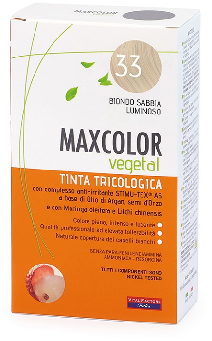 MAXCOLOR VEGETAL TINTA TRICOLOGICA 33 BIONDO SABBIA LUMINOSO 140 ML - Farmacia De Pasquale
