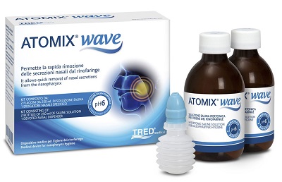 ATOMIX WAVE DISPOSITIVO PER IGIENE RINOFARINGEA ATOMIX SOLUZIONE SALINA 250 ML 2 PEZZI + TERMINALE NASALE + EROGATORE A SOFFIETTO - Farmacia De Pasquale