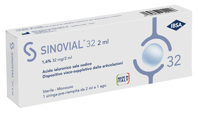 SIRINGA INTRA-ARTICOLARE SINOVIAL 32 ACIDO IALURONICO SALE SODICO 1,6% 32MG/2ML 2ML + AGO 21 GAUGE - Farmacia De Pasquale