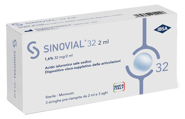 SIRINGA INTRA-ARTICOLARE SINOVIAL 32 ACIDO IALURONICO SALE SODICO 1,6% 32MG/2ML 3 SIRINGHE X 2ML + 3 AGHI - Farmacia De Pasquale
