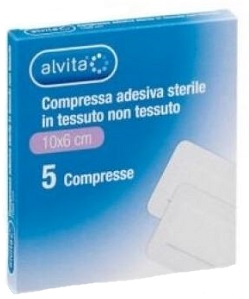 ALVITA GARZA COMPRESSA ADESIVA STERILE IN TESSUTO NON TESSUTO ESTENSIBILE BIANCO 10X6CM 5 PEZZI - Farmacia De Pasquale