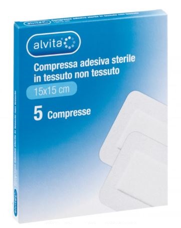 ALVITA GARZA COMPRESSA ADESIVA STERILE IN TESSUTO NON TESSUTO ESTENSIBILE BIANCO 15X15CM 5 PEZZI - Farmacia De Pasquale