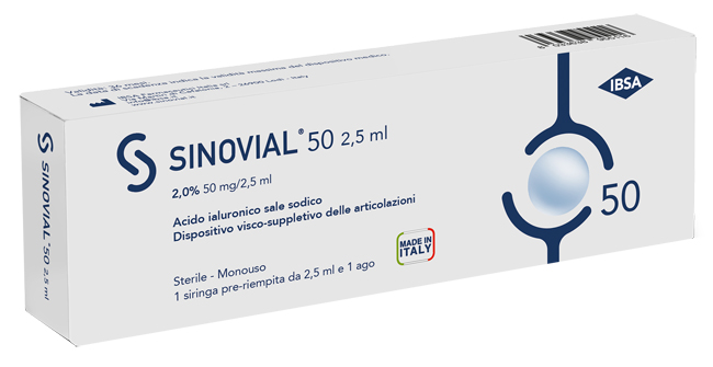 SIRINGA INTRA-ARTICOLARE SINOVIAL 50 ACIDO IALURONICO SALE SODICO 2% 50MG/2,5ML 2,5ML + AGO 21 GAUGE - Farmacia De Pasquale