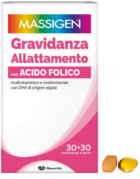 MASSIGEN GRAVIDANZA ALLATTAMENTO CON ACIDO FOLICO MULTIVITAMINICO E MULTIMINERALE 30 COMPRESSE RIVESTITE DA 1,1 G + 30 PERLE DA 700 MG - Farmacia De Pasquale