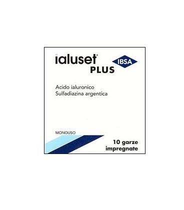 GARZA IALUSET PLUS IMPREGNATA DI CREMA DI ACIDO IALURONICO 0,05%, DI SULFADIAZINA ARGENTICA 1%, MACROGOL, GLICEROLO E ACQUA 10 X 10 CM 10 PEZZI - Farmacia De Pasquale