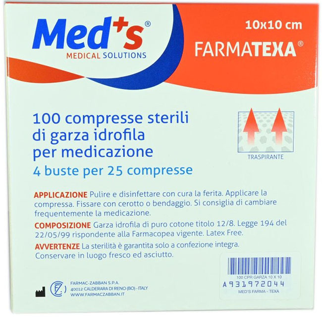 GARZA COMPRESSA IDROFILA MEDS FARMATEXA 2/8 10X10CM 100 PEZZI - Farmacia De Pasquale