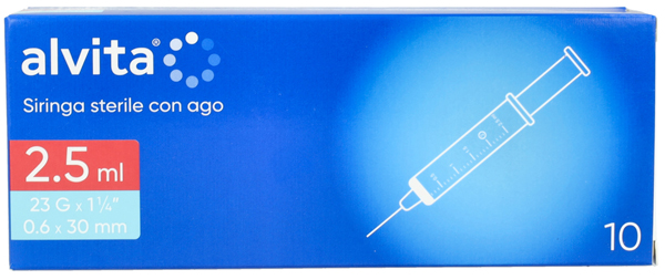 SIRINGA PER INFUSIONE E IRRIGAZIONE ALVITA 2,5 ML CON AGO 23 GAUGE 1 1/4 0,6X30 MM 10 PEZZI - Farmacia De Pasquale