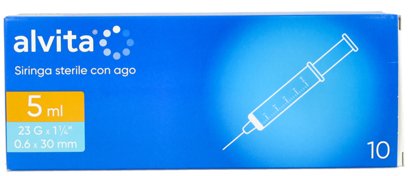 SIRINGA PER INFUSIONE E IRRIGAZIONE ALVITA 5 ML CON AGO 23 GAUGE 1 1/4 0,6X30 MM 10 PEZZI - Farmacia De Pasquale