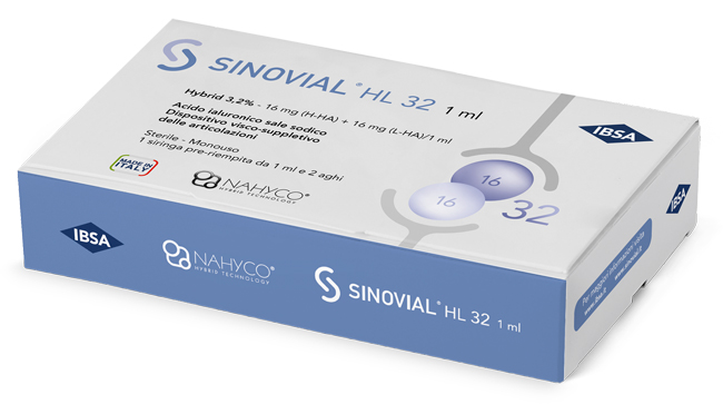 SIRINGA INTRA-ARTICOLARE SINOVIAL HL 32 ACIDO IALURONICO SALE SODICO 16MG H-HA + 16MG H-LA/1ML + AGO 22 GAUGE + AGO 29 GAUGE - Farmacia De Pasquale