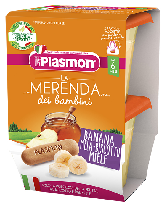 PLASMON LA MERENDA DEI BAMBINI MERENDE BANANA MELA BISCOTTO MIELE ASETTICO 2 X 120 G - Farmacia De Pasquale