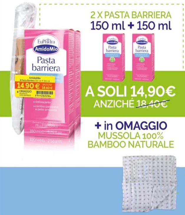 EUPHIDRA AMIDOMIO PASTA BARRIERA 2X150 ML + MUSSOLA GADGET - Farmacia De Pasquale