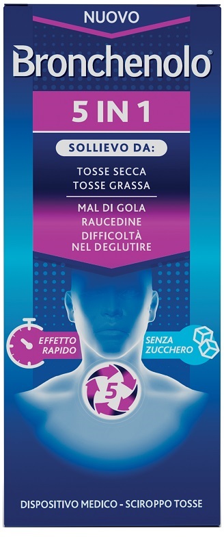 BRONCHENOLO 5 IN 1 SCIROPPO TOSSE 120 ML SENZA ZUCCHERO, ALCOL, LATTOSIO, GLUTINE, COLORANTI ARTIFICIALI E OGM - Farmacia De Pasquale