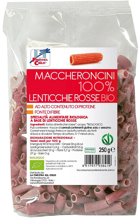 LA FINESTRA SUL CIELO MACCHERONCINI LENTICCHE ROSSE BIO 250 G - Farmacia De Pasquale