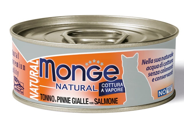 MONGE NATURAL QUALITY GATTO MONGE NATURAL TONNO PINNA GIALLA CON SALMONE 80 G - Farmacia De Pasquale