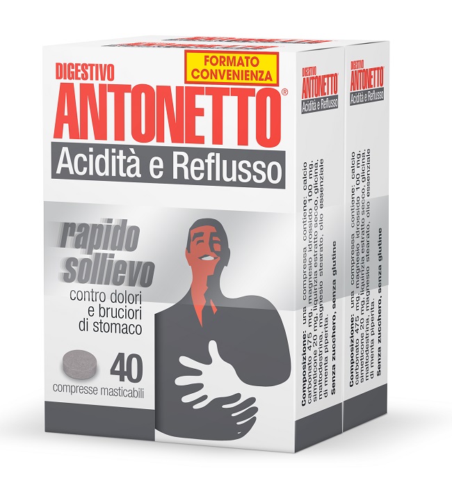 DIGESTIVO ANTONETTO ACIDITA' E REFLUSSO 80 COMPRESSE MASTICABILI 2 ASTUCCI DA 40 COMPRESSE - Farmacia De Pasquale