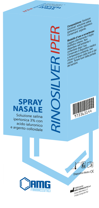 RINOSILVER SOLUZIONE SALINA IPERTONICA 3% CON ACIDO IALURONICO E ARGENTO COLLOIDALE SPRAY NASALE 20 ML - Farmacia De Pasquale