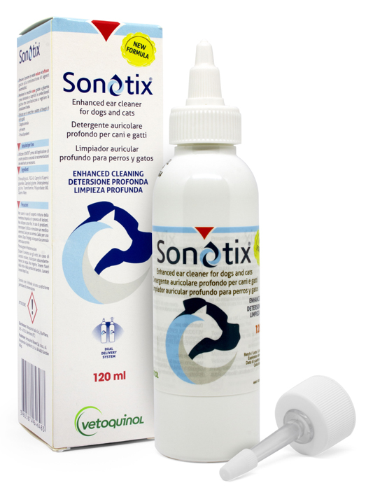 SONOTIX DETERGENTE AURICOLARE PROFONDO CANI E GATTI 120 ML + CANNULA CORTA RIGIDA + CANNULA LUNGA FLESSIBILE - Farmacia De Pasquale
