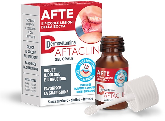 DERMOVITAMINA AFTACLIN GEL ORALE 7 ML CONTRO DOLORE E BRUCIONE SENZA ZUCCHERO E SENZA GLUTINE - Farmacia De Pasquale
