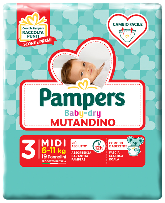 PAMPERS BABY DRY MUTANDINA MIDI SMALL PACK 19 PEZZI - Farmacia De Pasquale
