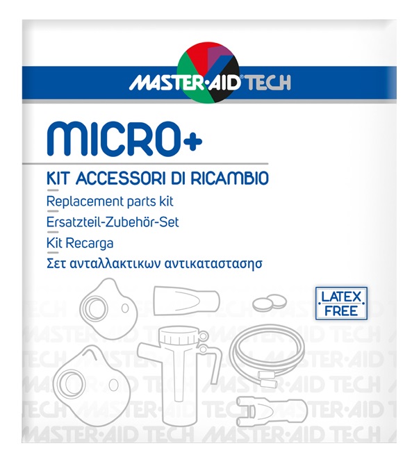 MASTER AID TECH MICRO+ KIT ACCESSORI DI RICAMBIO: AMPOLLA + MASCHERA ADULTI + MASCHERA BAMBINI + 2 FILTRI ARIA + BOCCAGLIO + FORCELLA NASALE + TUBO RACCORDO PVC - Farmacia De Pasquale