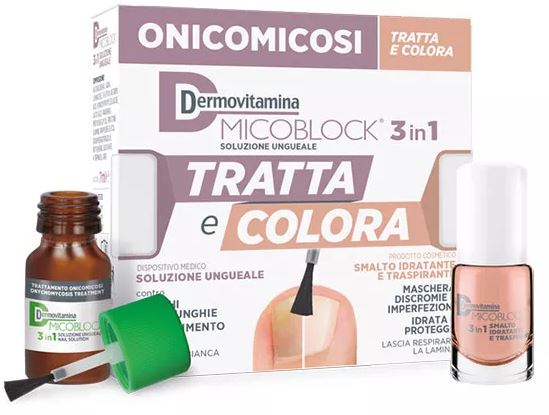 DERMOVITAMINA MICOBLOCK 3 IN 1 TRATTA E COLORA SOLUZIONE UNGUEALE 7 ML + SMALTO IDRATANTE TRASPIRANTE 5 ML - Farmacia De Pasquale