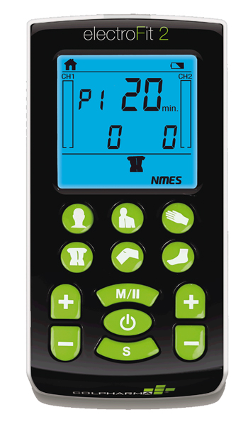 COLPHARMA ELECTROFIT 2 ELETTROSTIMOLATORE MUSCOLARE E TENS A 2 CANALI CON 4 ELETTRODI PICCOLI 40 X 40 MM + CARICABATTERIE + 2 CAVI PER ELETTRODI - Farmacia De Pasquale