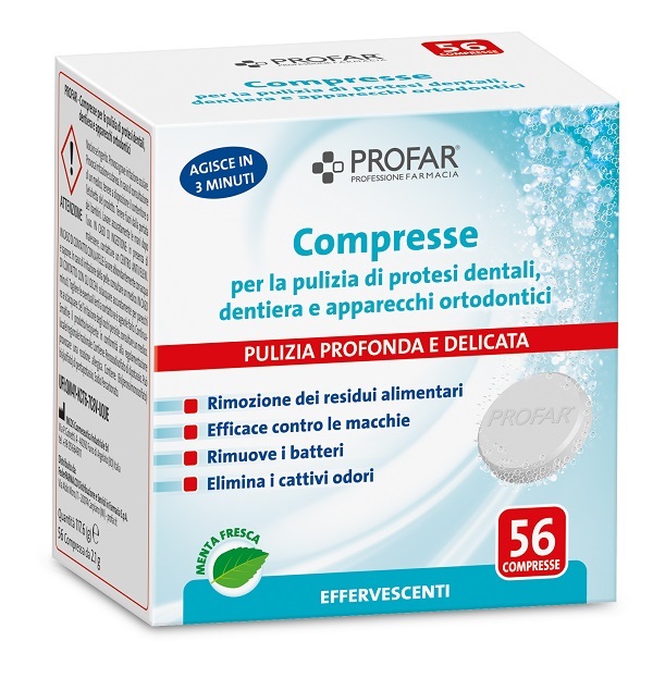 PROFAR COMPRESSE PULIZIA PROTESI DENTALI-DENTIERA-APPARECCHI ORTODONTICI 56 PEZZI - Farmacia De Pasquale