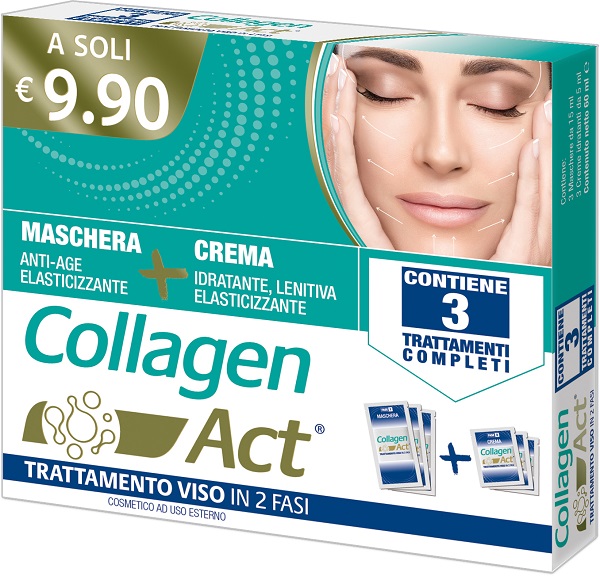 COLLAGEN ACT TRATTAMENTO VISO 2 FASI MASCHERA ANTI AGE ELASTICIZZANTE 3 PEZZI DA 15 ML + CREMA IDRATANTE LENITIVA ELASTICIZZANTE 3 PEZZI DA 5 ML - Farmacia De Pasquale