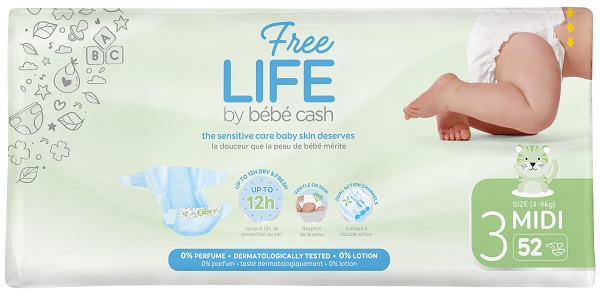 FREELIFE BY BEBECASH PANNOLINI MIDI TAGLIA 3 4-9 KG GIROVITA 35-56 CM 52 PEZZI - Farmacia De Pasquale