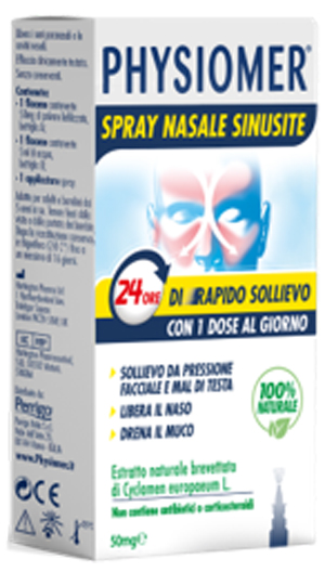 PHYSIOMER SPRAY NASALE SINUSITE 2 PEZZI 1 FLACONE DA 50 MG DI ESTRATTO DI CICLAMINO NATURALE LIOFILIZZATO + 1 FIALE DA 5 ML DI SOLVENTE - Farmacia De Pasquale