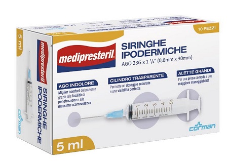 SIRINGA IPODERMICA MEDIPRESTERIL AGO 23 GAUGE 1 1/4 0,5X30MM 5 ML 10 PEZZI - Farmacia De Pasquale