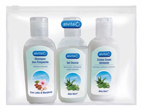 ALVITA KIT VIAGGIO BODY CARE 1 GEL DOCCIA ALOE VERA 75 ML + 1 CREMA CORPO IDRATANTE ALOE 75 ML + 1 SHAMPOO USO FREQUENTE 75 ML - Farmacia De Pasquale