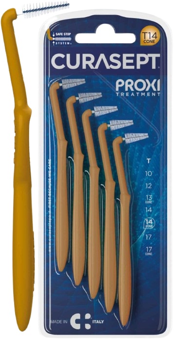 SCOVOLINO CURASEPT PROXI ANGLE MISURA T14 CONICO ISO 4 COLORE OCRA DIAMETRO 1,4 MM 5 PEZZI - Farmacia De Pasquale
