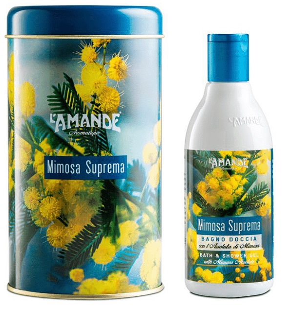 L'AMANDE MIMOSA SUPREMA BOITE METALLICA CILINDRICA BAGNODOCCIA 250 ML - Farmacia De Pasquale