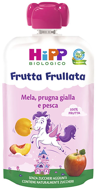 HIPP BIO FRUTTA FRULLATA UNICORNO MELA PRUGNA GIALLA PESCA 90 G - Farmacia De Pasquale