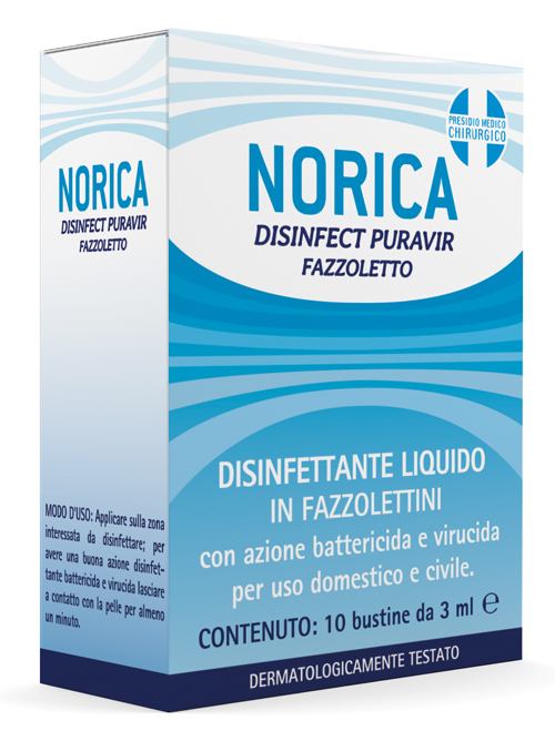 NORICA DISINFECT PURAVIR FAZZOLETTO 10 BUSTINE DA 3 ML - Farmacia De Pasquale
