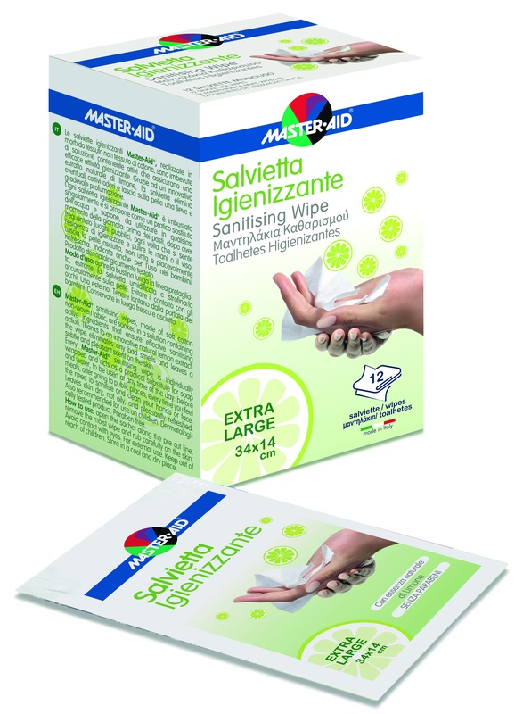 MASTER-AID SAVIETTA IMPREGNATA DI SOLUZIONE IGIENIZZANTE XL 12 PEZZI - Farmacia De Pasquale