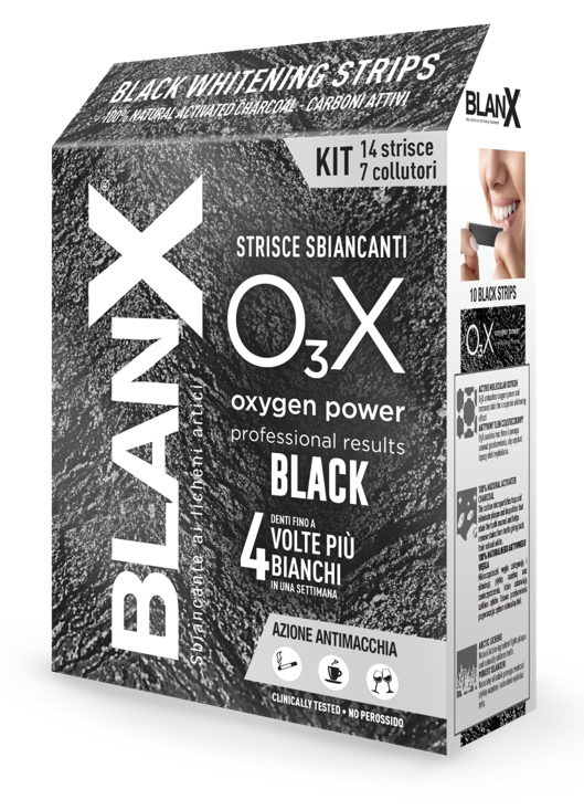 BLANX O3X BLACK STRISCE SBIANCANTI E ANTIMACCHIA 14 PEZZI - Farmacia De Pasquale