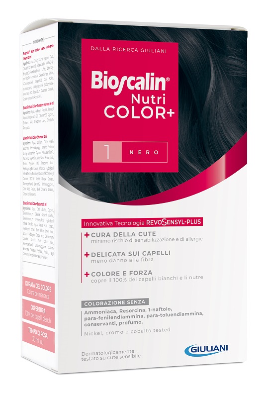 BIOSCALIN NUTRICOLOR PLUS 1 NERO CREMA COLORANTE 40 ML + RIVELATORE CREMA 60 ML + SHAMPOO 12 ML + TRATTAMENTO FINALE BALSAMO 12 ML - Farmacia De Pasquale