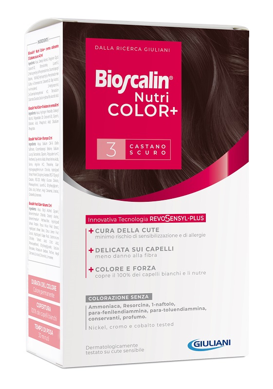 BIOSCALIN NUTRICOLOR PLUS 3 CASTANO SCURO CREMA COLORANTE 40 ML + RIVELATORE CREMA 60 ML + SHAMPOO 12 ML + TRATTAMENTO FINALE BALSAMO 12 ML - Farmacia De Pasquale