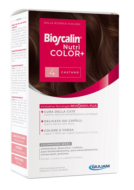 BIOSCALIN NUTRICOLOR PLUS 4 CASTANO CREMA COLORANTE 40 ML + RIVELATORE CREMA 60 ML + SHAMPOO 12 ML + TRATTAMENTO FINALE BALSAMO 12 ML - Farmacia De Pasquale