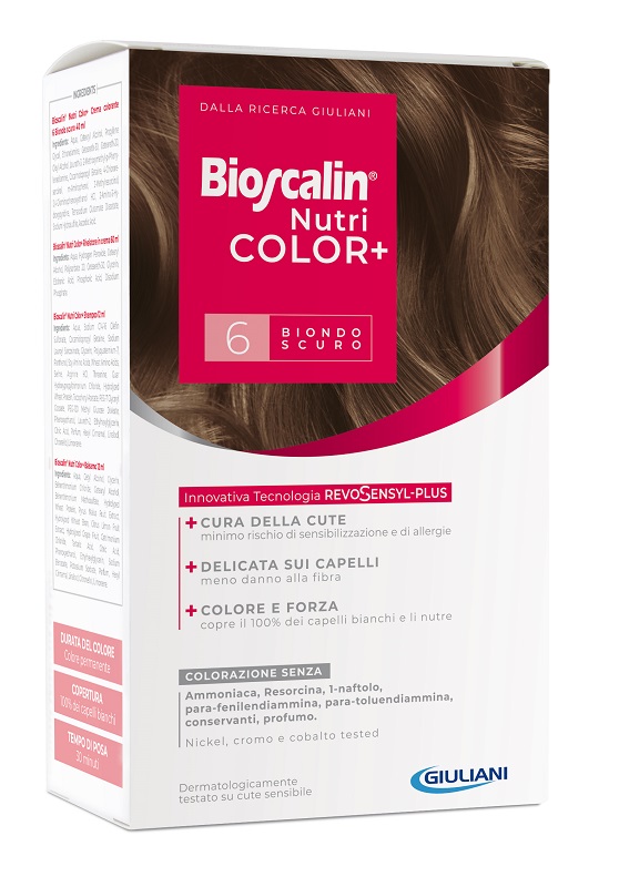 BIOSCALIN NUTRICOLOR PLUS 6 BIONDO SCURO CREMA COLORANTE 40 ML + RIVELATORE CREMA 60 ML + SHAMPOO 12 ML + TRATTAMENTO FINALE BALSAMO 12 ML - Farmacia De Pasquale