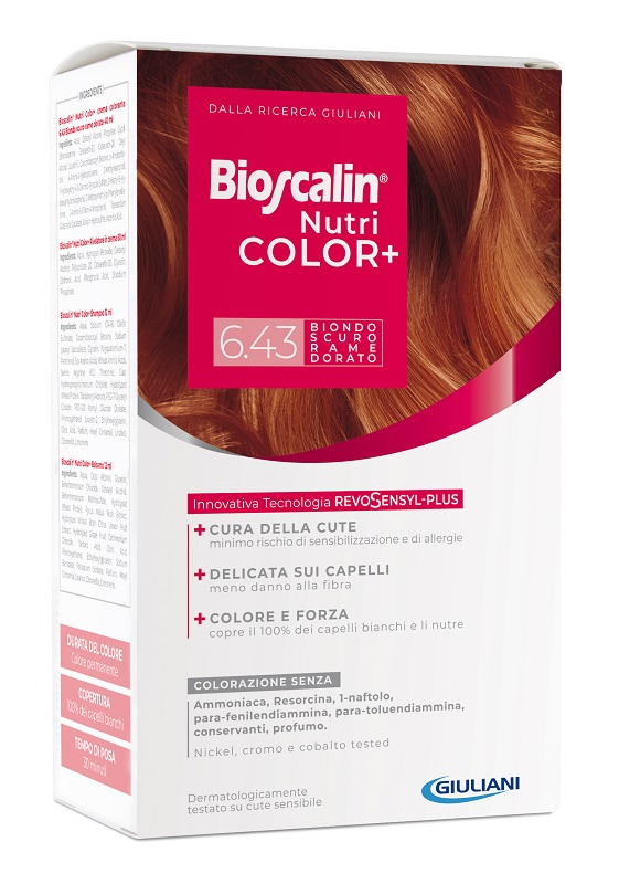 BIOSCALIN NUTRICOLOR PLUS 6,43 BIONDO SCURO RAME DORATO CREMA COLORANTE 40 ML + RIVELATORE CREMA 60 ML + SHAMPOO 12 ML + TRATTAMENTO FINALE BALSAMO 12 ML - Farmacia De Pasquale
