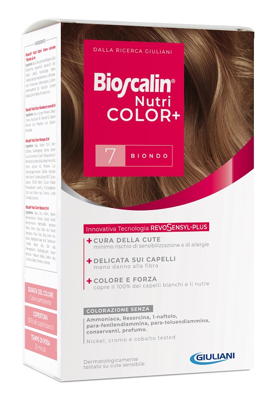 BIOSCALIN NUTRICOLOR PLUS 7 BIONDO CREMA COLORANTE 40 ML + RIVELATORE CREMA 60 ML + SHAMPOO 12 ML + TRATTAMENTO FINALE BALSAMO 12 ML - Farmacia De Pasquale